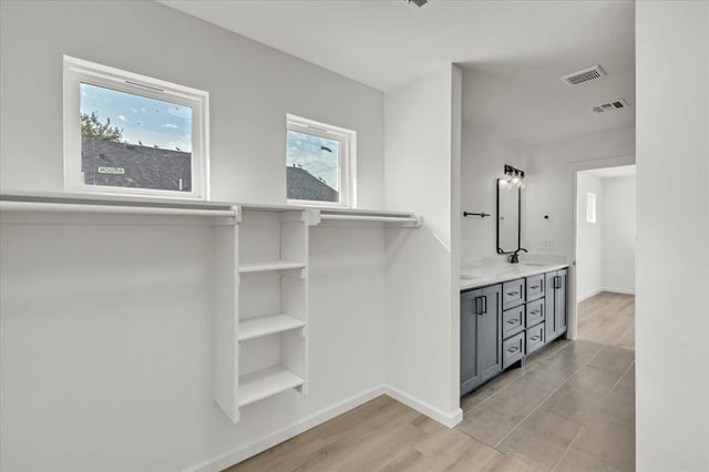 spacious closet with light hardwood / wood-style floors and sink