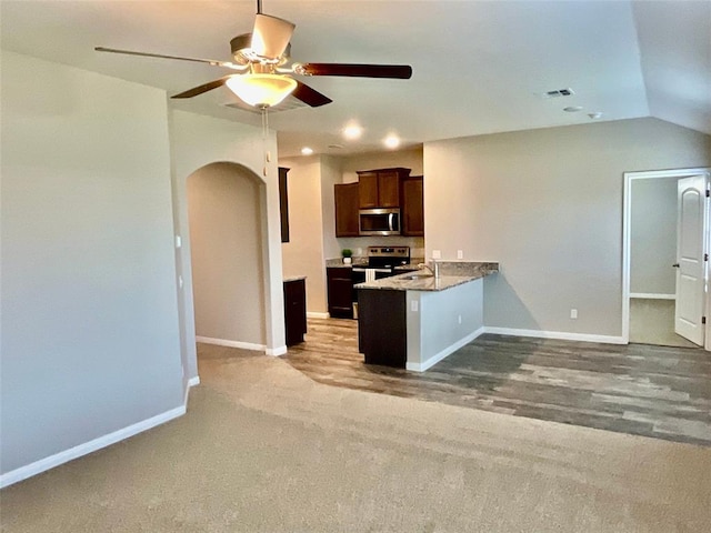 kitchen featuring ceiling fan, lofted ceiling, carpet floors, and appliances with stainless steel finishes