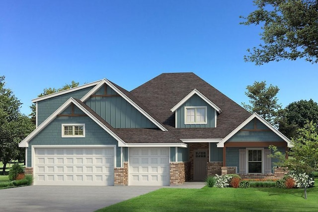 craftsman-style home featuring a front lawn and a garage