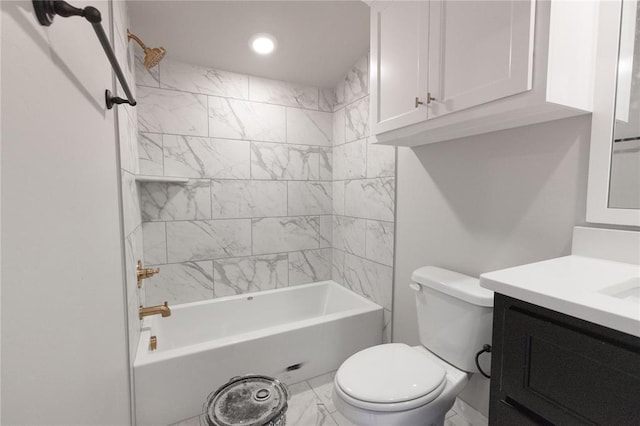 full bath featuring toilet,  shower combination, marble finish floor, vanity, and recessed lighting