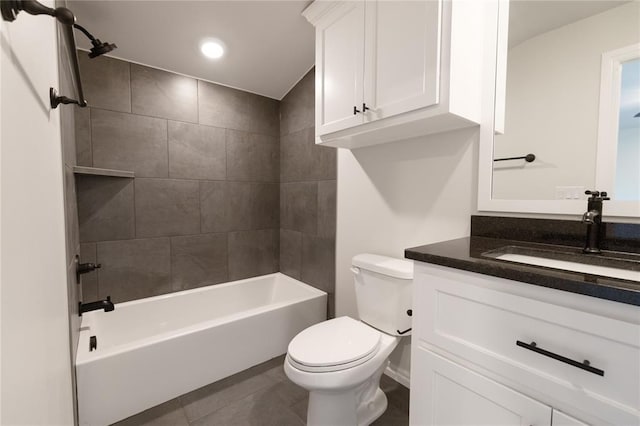 bathroom featuring bathtub / shower combination, tile patterned flooring, toilet, recessed lighting, and vanity