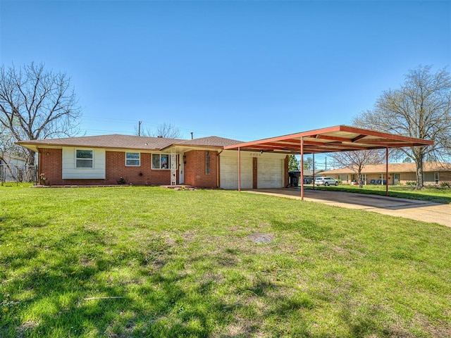 ranch-style house with a garage, brick siding, concrete driveway, a carport, and a front lawn