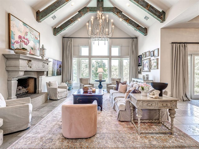 living room featuring beam ceiling, an inviting chandelier, and high vaulted ceiling