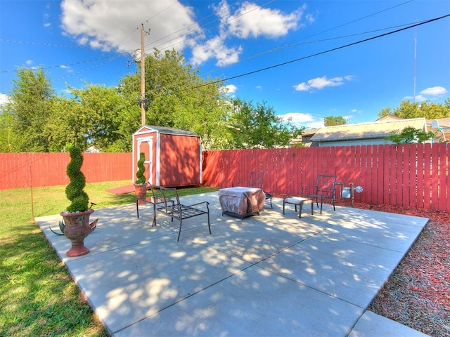 view of patio / terrace featuring a storage unit