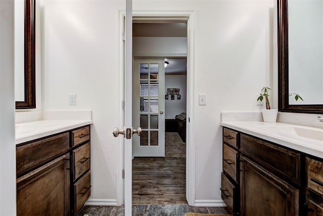 bathroom featuring french doors, vanity, and wood-type flooring