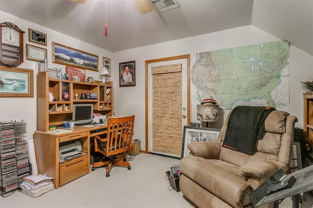 office area featuring carpet floors, ceiling fan, and lofted ceiling