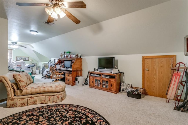 living room with light colored carpet and vaulted ceiling