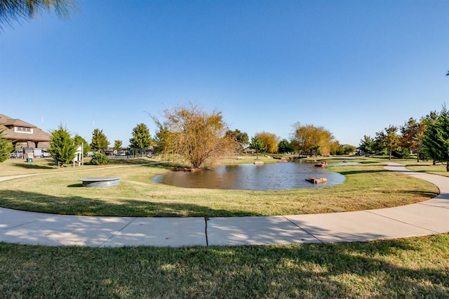 view of home's community with a yard and a water view