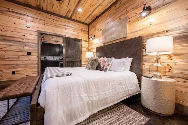 bedroom featuring wooden walls and wood ceiling