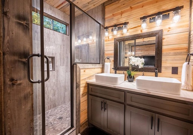 180 Alumacraft Trl, Broken Bow, OK 74728 - full bath featuring wooden walls, double vanity, and a stall shower