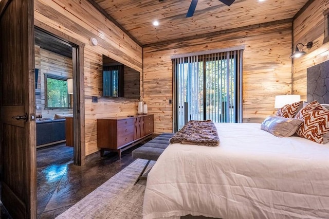 180 Alumacraft Trl, Broken Bow, OK 74728 - bedroom featuring wood ceiling, wooden walls, concrete floors, access to exterior, and recessed lighting