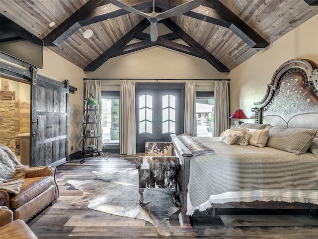 bedroom with wood-type flooring, a barn door, multiple windows, and wooden ceiling