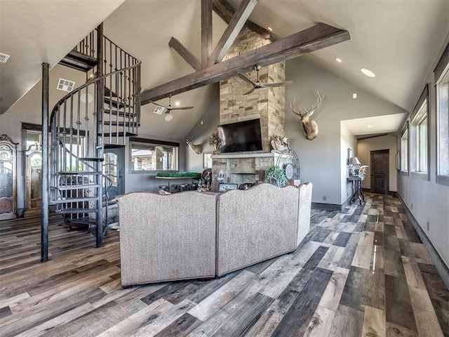 living room featuring hardwood / wood-style floors, ceiling fan, beam ceiling, and high vaulted ceiling