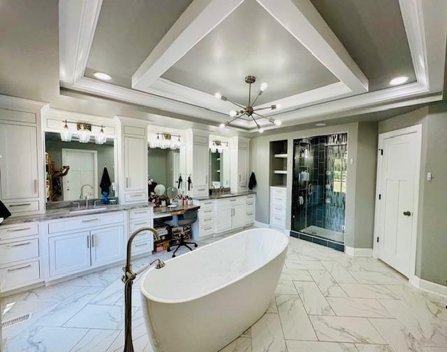 bathroom with a washtub, built in features, vanity, and a tray ceiling