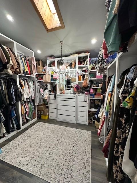 spacious closet featuring a skylight and hardwood / wood-style flooring