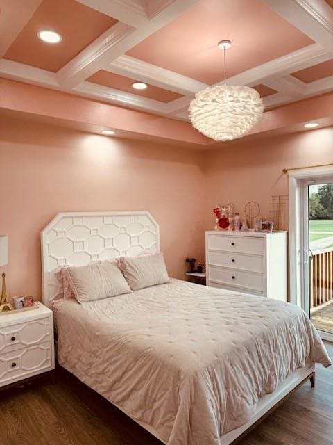 bedroom featuring access to outside, dark hardwood / wood-style flooring, beam ceiling, and coffered ceiling