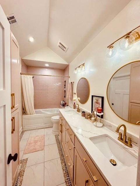 full bathroom with shower / tub combo with curtain, vanity, lofted ceiling, and toilet