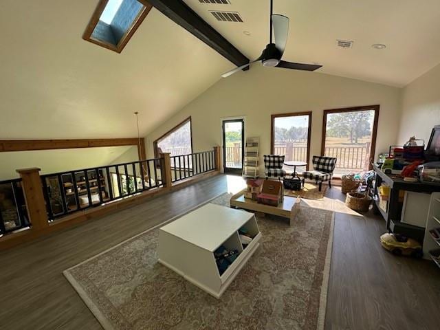 living room featuring beam ceiling, ceiling fan, high vaulted ceiling, and dark hardwood / wood-style floors