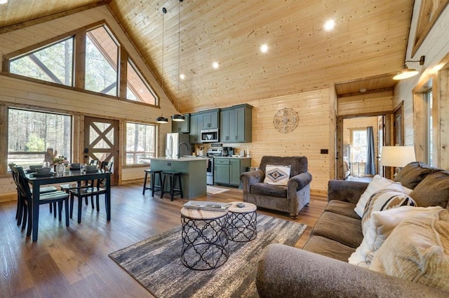 living room with wooden ceiling, high vaulted ceiling, wooden walls, ceiling fan, and dark hardwood / wood-style flooring