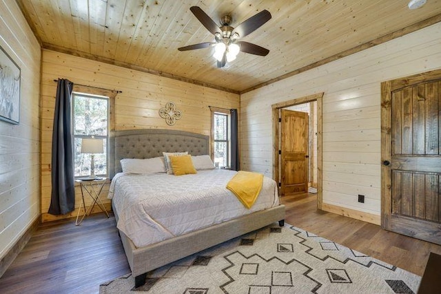 bedroom with hardwood / wood-style floors, ceiling fan, wooden ceiling, and wood walls