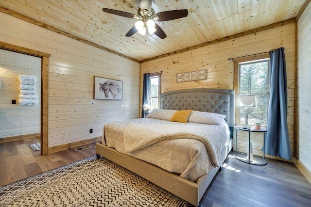 bedroom featuring hardwood / wood-style flooring, wood ceiling, ceiling fan, and wood walls