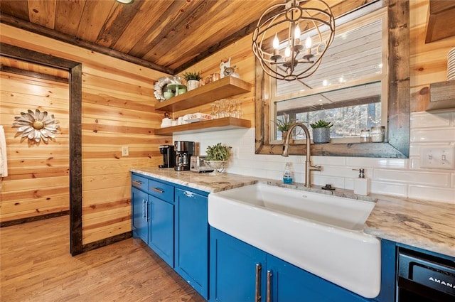 kitchen featuring light wood finished floors, blue cabinetry, wood ceiling, a sink, and dishwasher