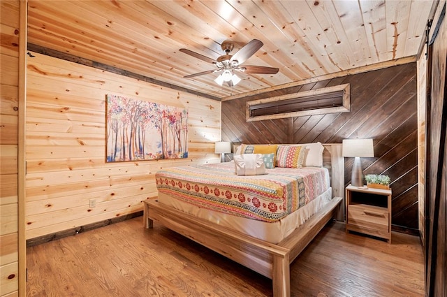 bedroom featuring wood ceiling, wooden walls, and wood finished floors