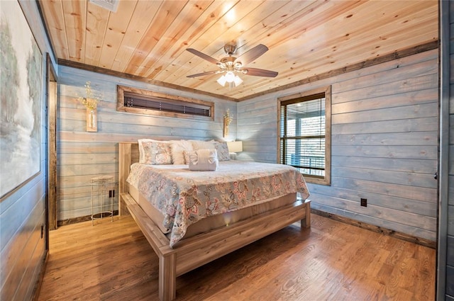 bedroom with wood ceiling, wood walls, and wood finished floors