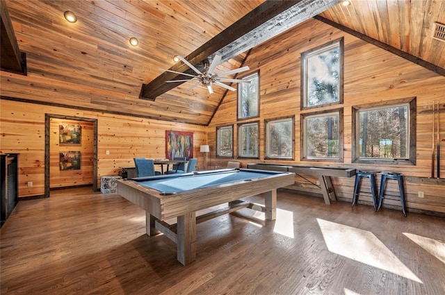 recreation room with wooden walls, pool table, wood finished floors, wood ceiling, and beamed ceiling