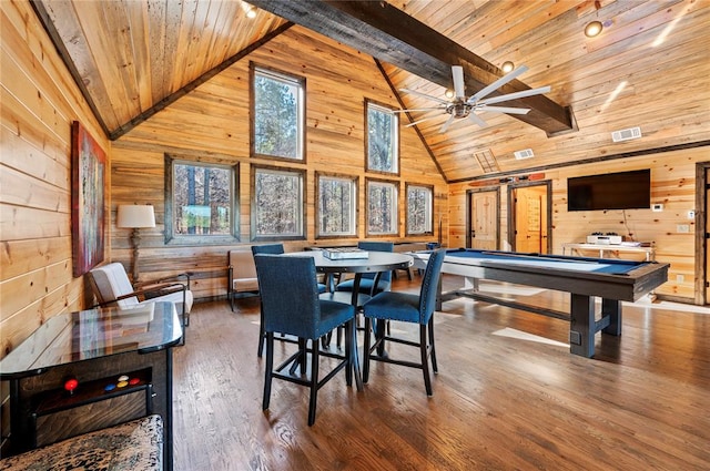 rec room featuring wood walls, wooden ceiling, and visible vents