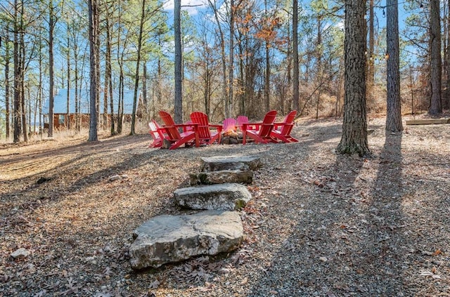 view of yard with a fire pit