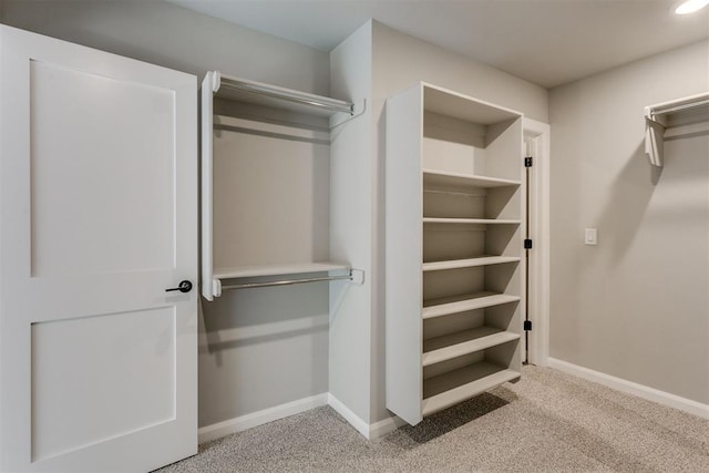 walk in closet featuring light carpet