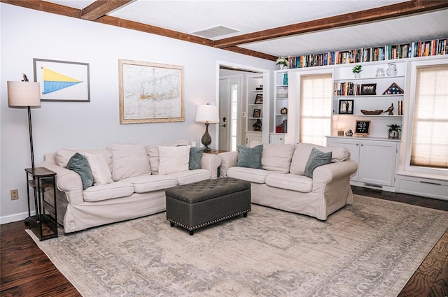 living room featuring plenty of natural light, beam ceiling, baseboards, and dark wood-style flooring