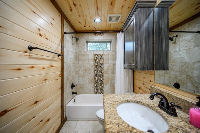 full bathroom with shower / bath combination with curtain, wood walls, toilet, and wood ceiling