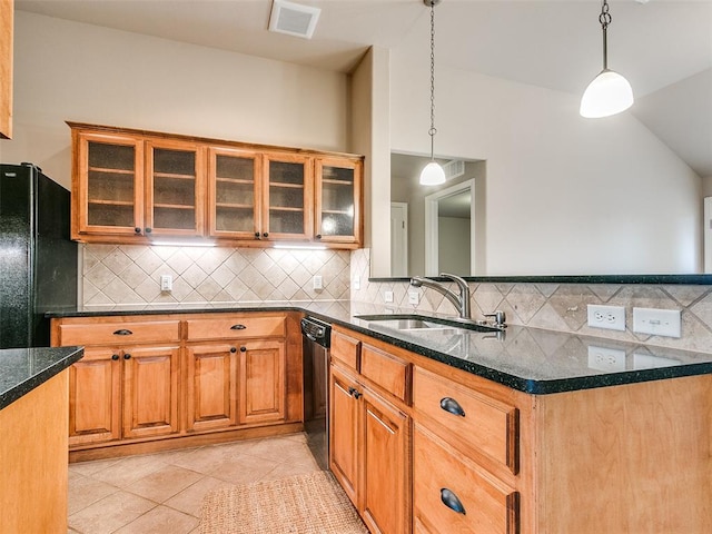 kitchen featuring black appliances, sink, light tile patterned flooring, and pendant lighting