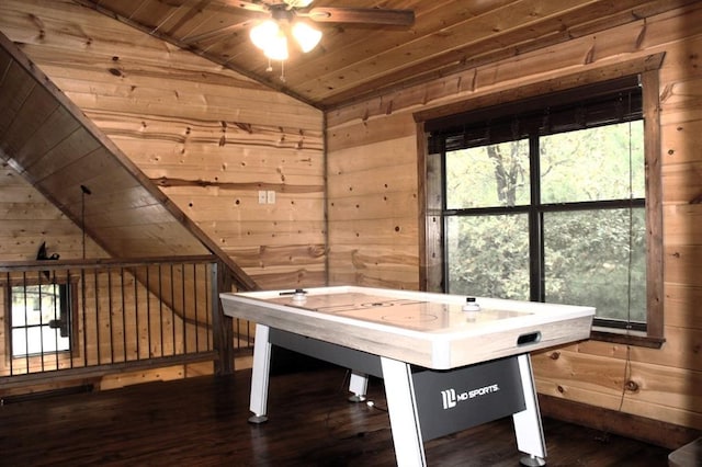 rec room with dark hardwood / wood-style floors, wood ceiling, lofted ceiling, and wood walls