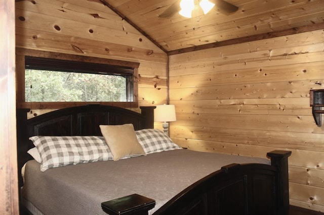 carpeted bedroom with wood ceiling, ceiling fan, lofted ceiling, and wood walls