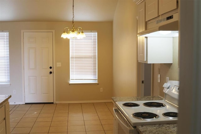 kitchen featuring a chandelier, pendant lighting, light tile patterned floors, and white range with electric cooktop