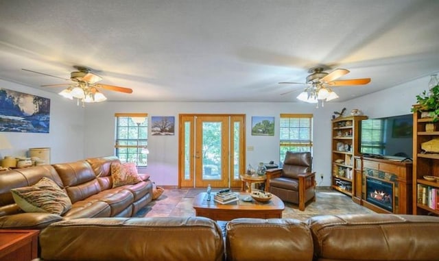 living room with ceiling fan