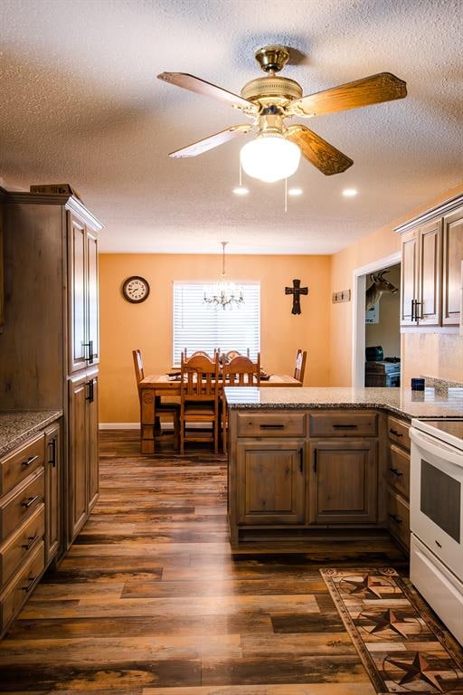 kitchen featuring a textured ceiling, white electric range oven, dark wood-type flooring, and ceiling fan with notable chandelier