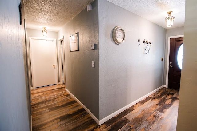 foyer entrance with dark hardwood / wood-style floors and a textured ceiling