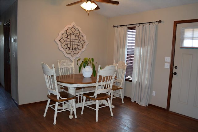 dining room featuring ceiling fan and dark wood-type flooring