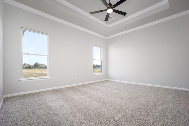 unfurnished room with carpet, a raised ceiling, and crown molding