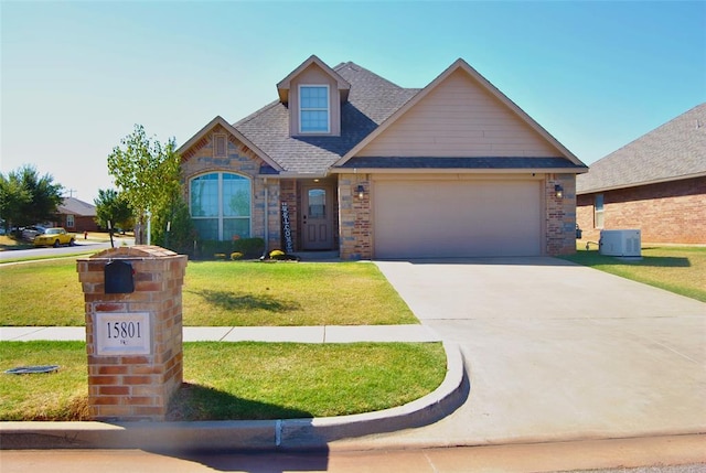 craftsman house with a front lawn, a garage, and cooling unit