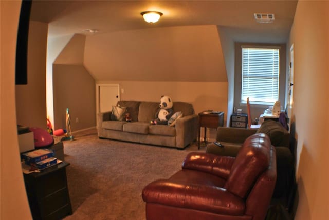 living room with carpet floors and vaulted ceiling