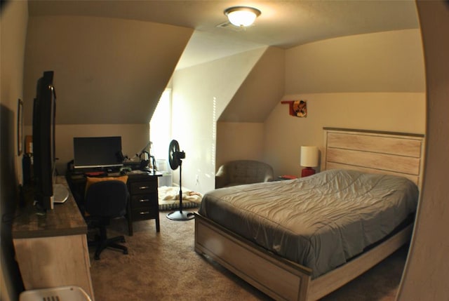 carpeted bedroom featuring vaulted ceiling