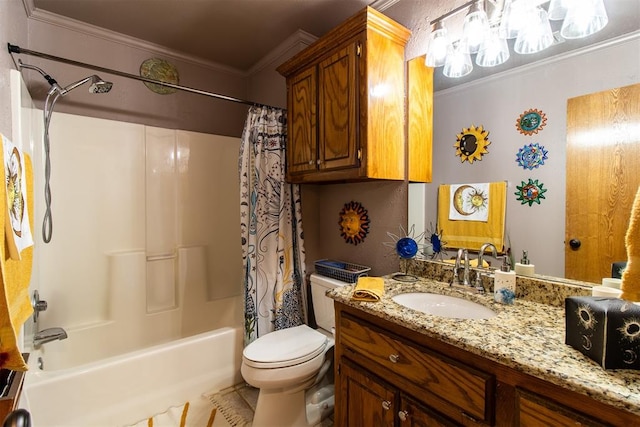 full bathroom featuring toilet, shower / bath combo with shower curtain, vanity, and ornamental molding