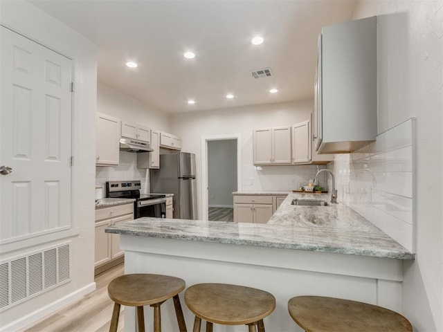 kitchen with sink, tasteful backsplash, light hardwood / wood-style flooring, kitchen peninsula, and appliances with stainless steel finishes