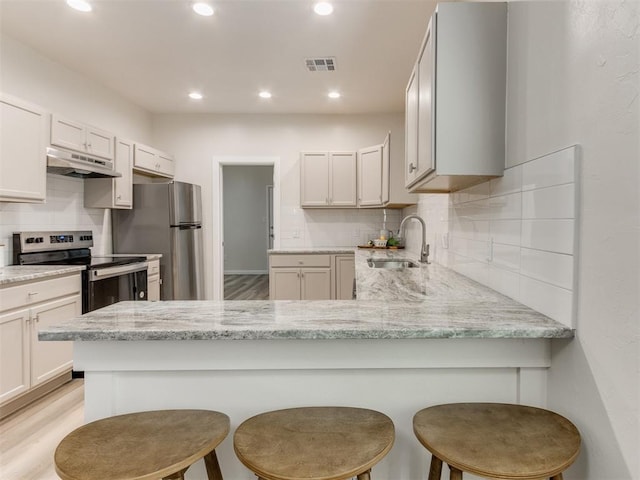 kitchen with sink, light stone counters, kitchen peninsula, white cabinets, and appliances with stainless steel finishes