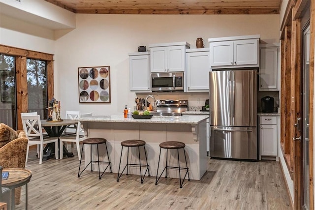 kitchen with stainless steel appliances, light hardwood / wood-style flooring, a breakfast bar area, and an island with sink